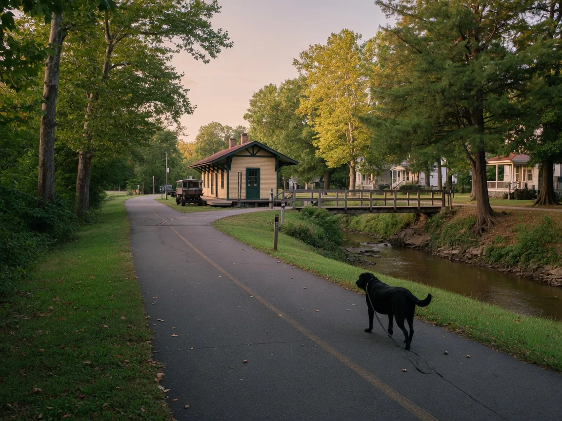 A black labrador walking on a paved rail-trail greenway beside a tree-lined creek in a small Virginia town