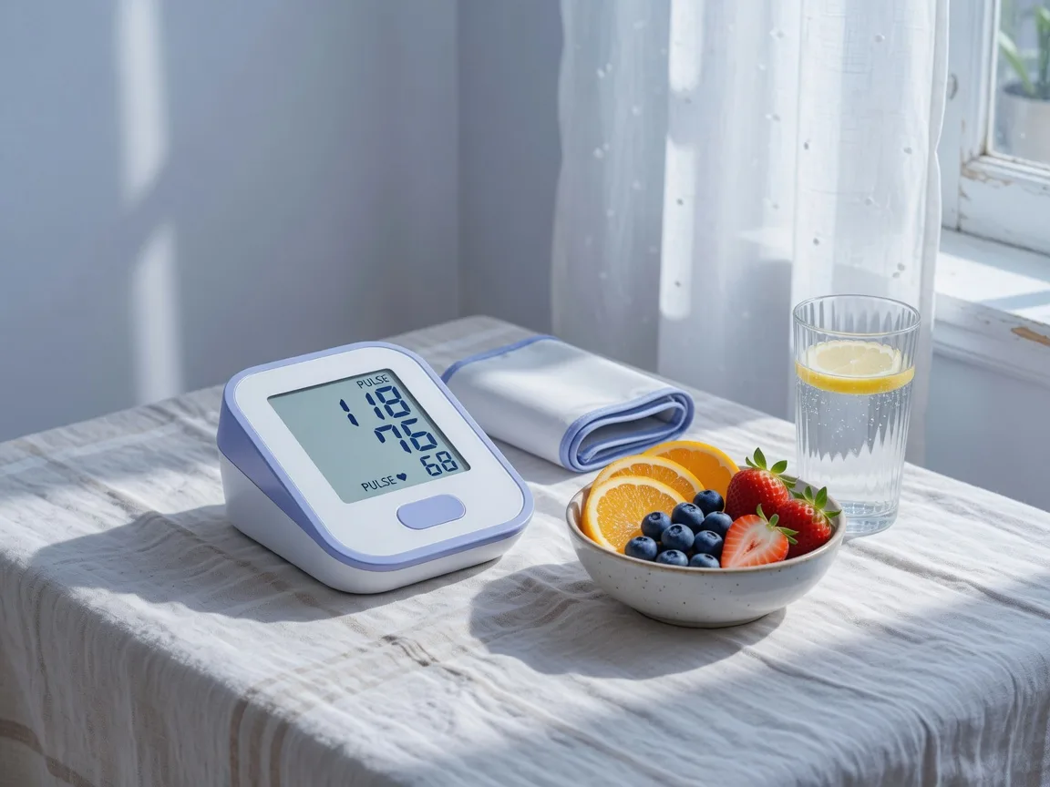 A modern blood pressure monitor beside fruit and water by a sunlit window
