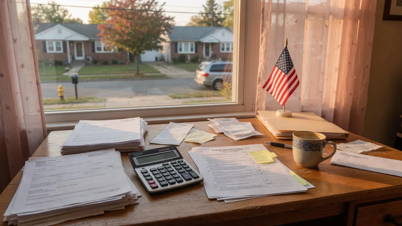 Financial planning scene on a desk with calculator, property tax documents, and a coffee cup representing cost of living analysis