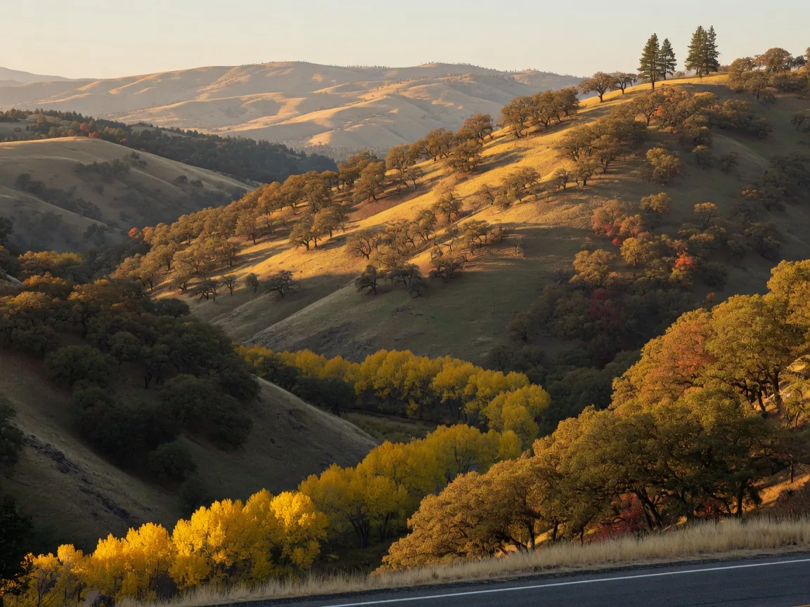 Golden Sierra Nevada foothills along Highway 140 between Mariposa and El Portal in early October, oak-dotted hillsides showing touches of autumn bronze, yellow cottonwoods lining the Merced River canyon below the highway