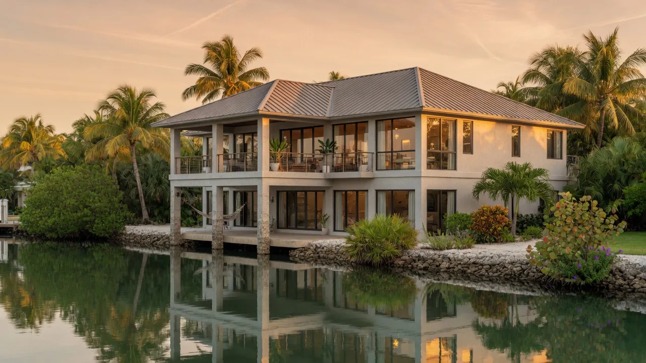 A modern luxury waterfront home in the Florida Keys at golden hour, built elevated on concrete pilings with a standing-seam metal roof and large impact-glass windows reflected in a calm canal