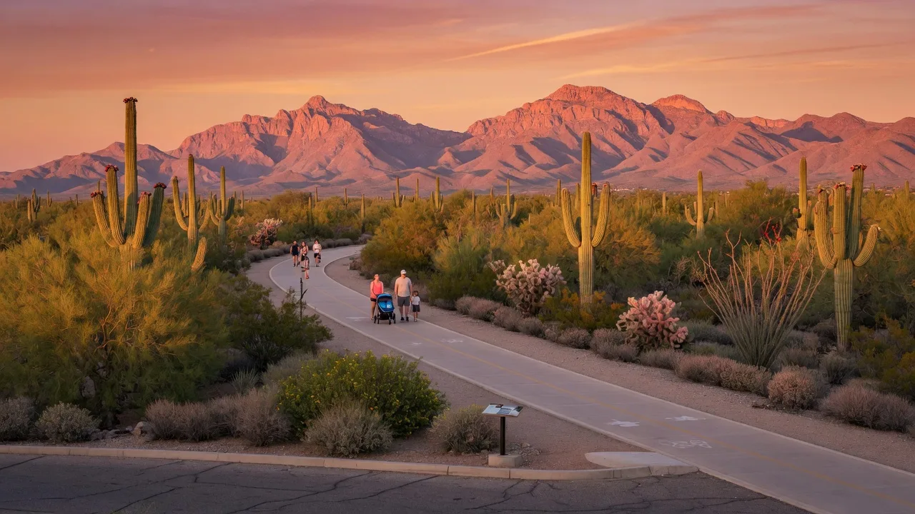 Paved desert trail with saguaros in Queen Creek with the San Tan Mountains at golden hour