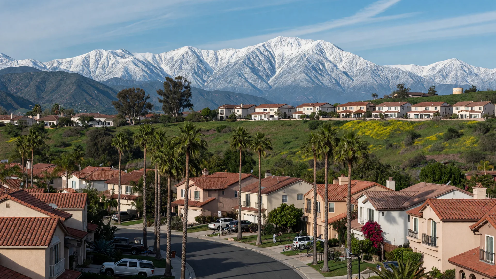 Southern California residential community with the snow-capped San Jacinto Mountains rising in the background
