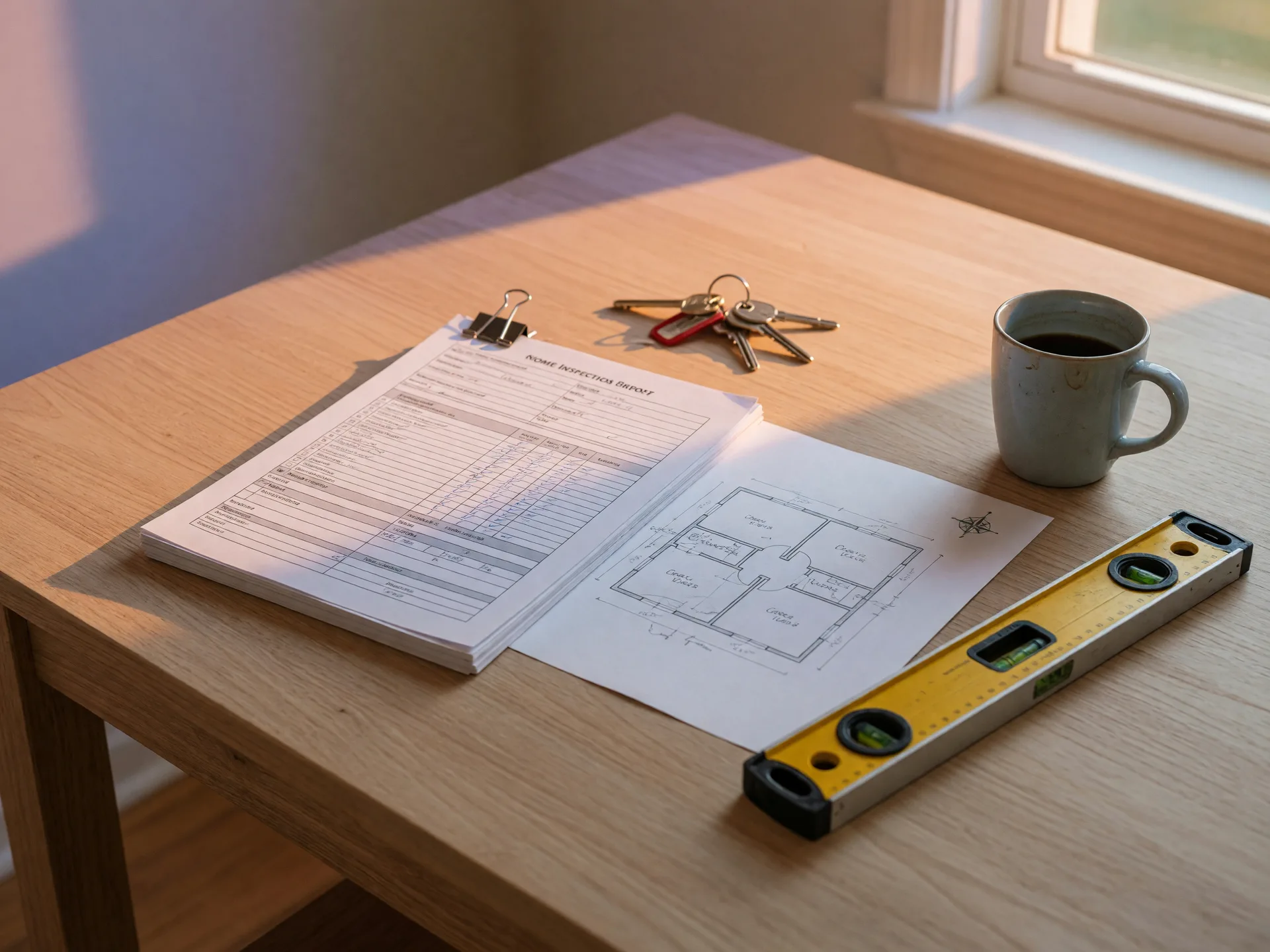 A light-oak table holding a clip-bound home inspection report, a floor plan sketch, brass house keys, a carpenter's level, and a coffee mug in warm afternoon light