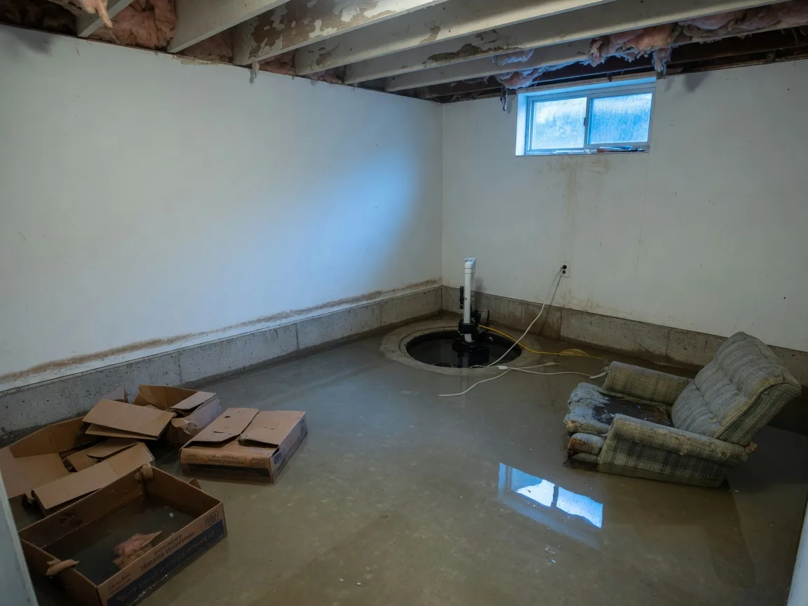 Flooded basement with standing water, a sump pit, and water-stained drywall in a Novi home