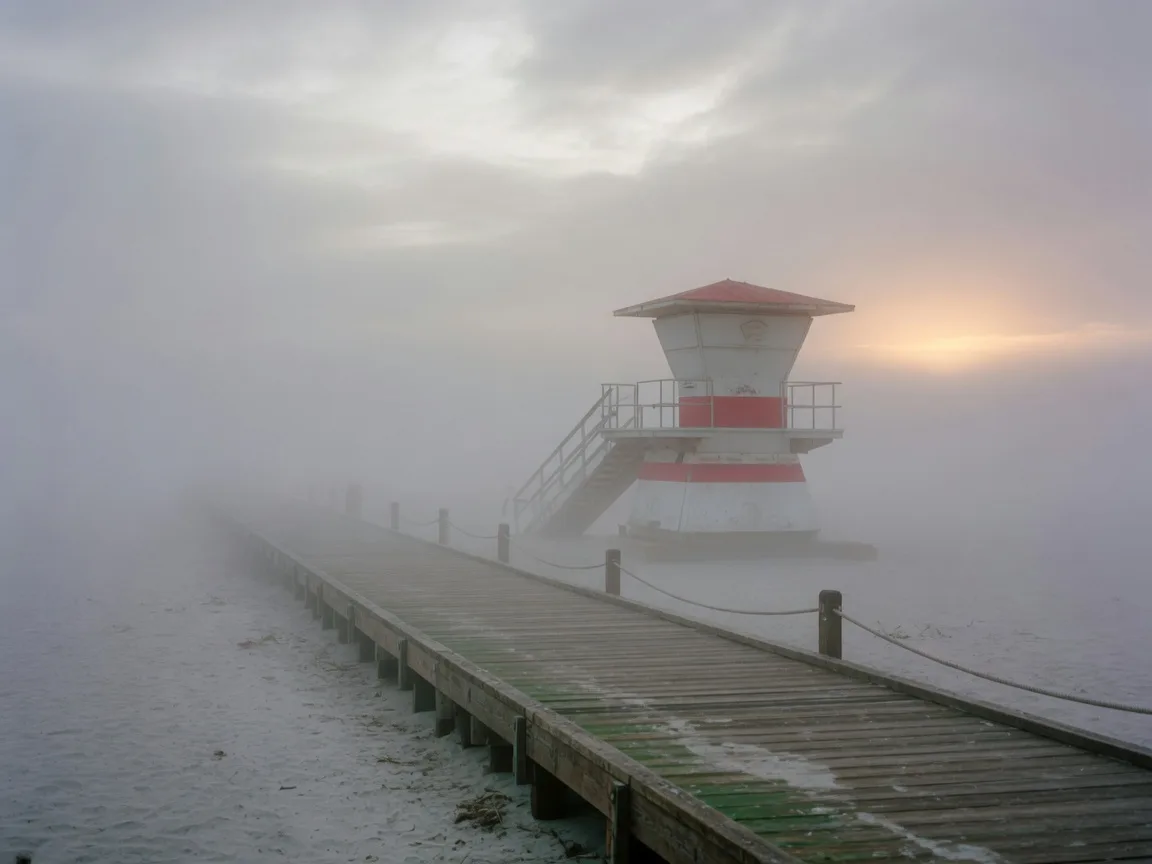 A misty marine-layer morning on a Carlsbad beach with a lifeguard tower half lost in low fog