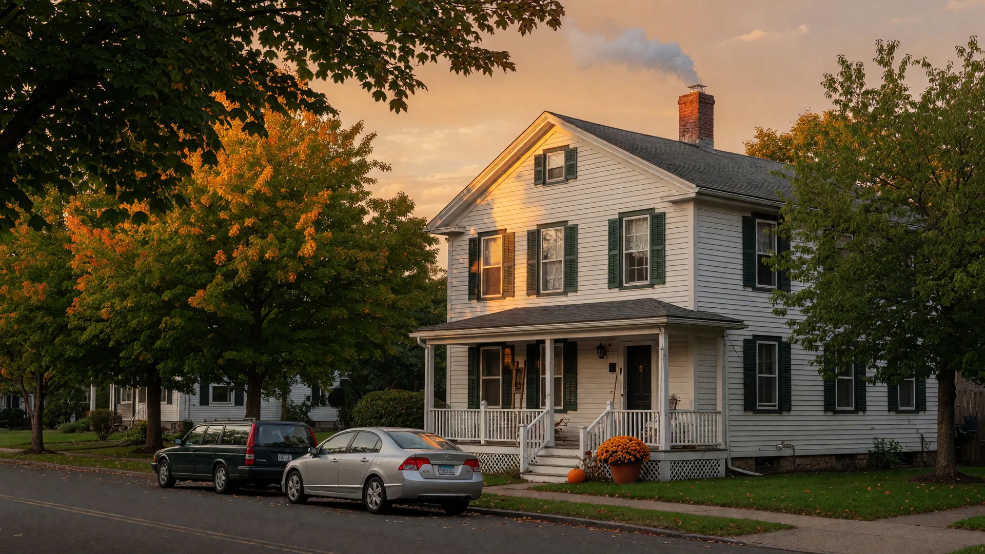A classic white two-story New England colonial home on a tree-lined New Haven street in early autumn golden light, with mums by the front porch and a wisp of chimney smoke