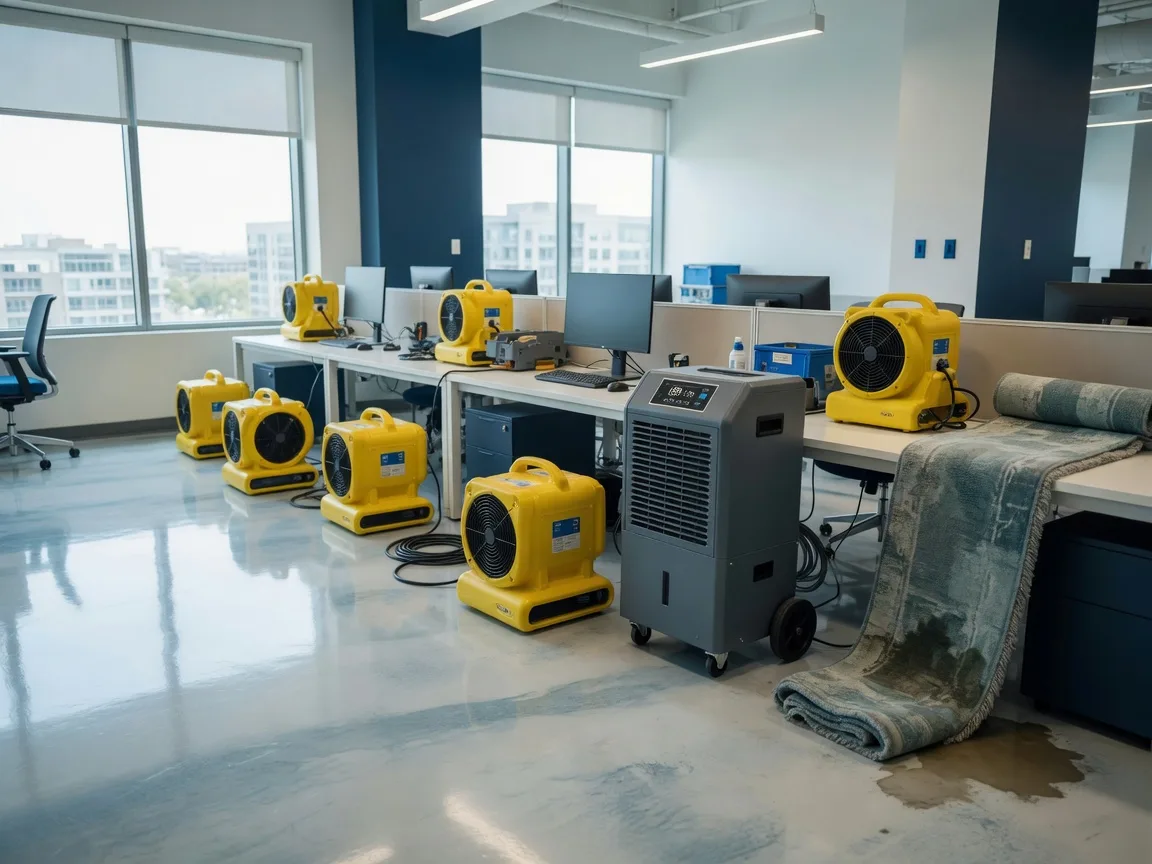 Commercial drying equipment staged in a modern office after water damage