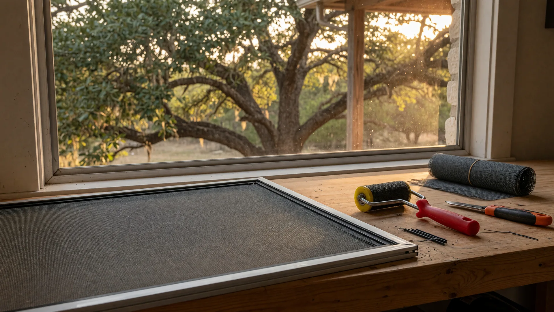 Window screen repair in San Antonio: a half-rescreened aluminum screen frame with fresh charcoal-gray mesh on a wooden workbench, a spline roller and utility knife beside it, a live oak and golden Texas afternoon light through the open window behind