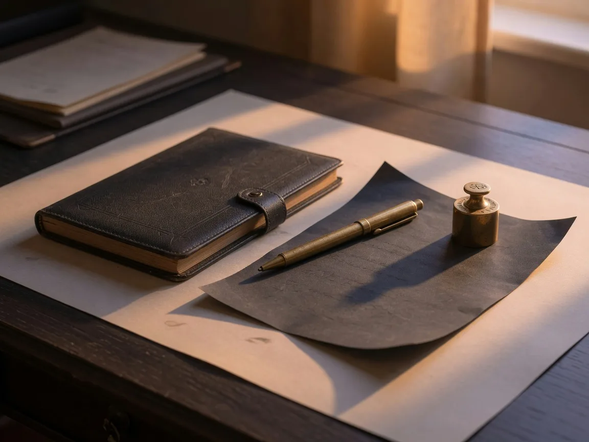 A strategist's desk at golden hour with a leather ledger and brass pen