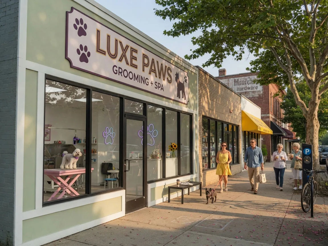A modern pet grooming salon storefront in a downtown Montclair NJ setting on a warm summer morning with pedestrians on the sidewalk