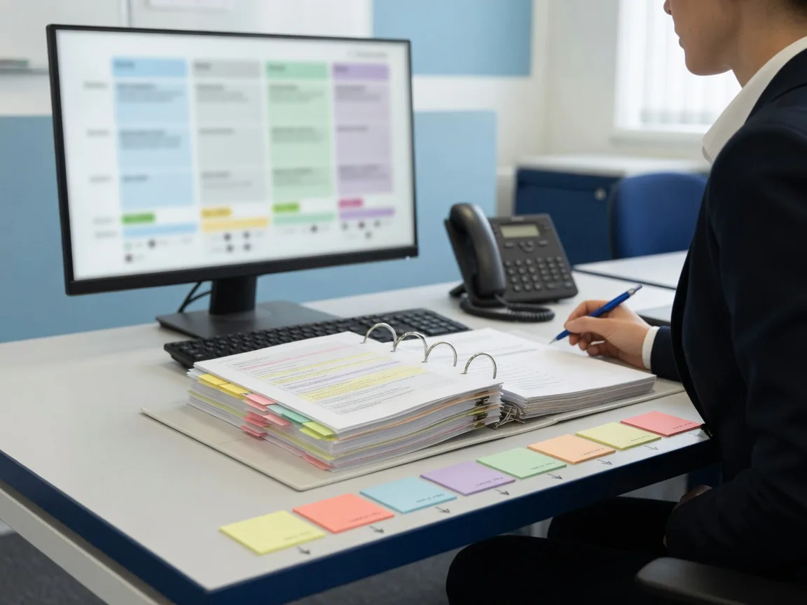 Professional tracking lender review stages with documents, a status workflow and a phone.