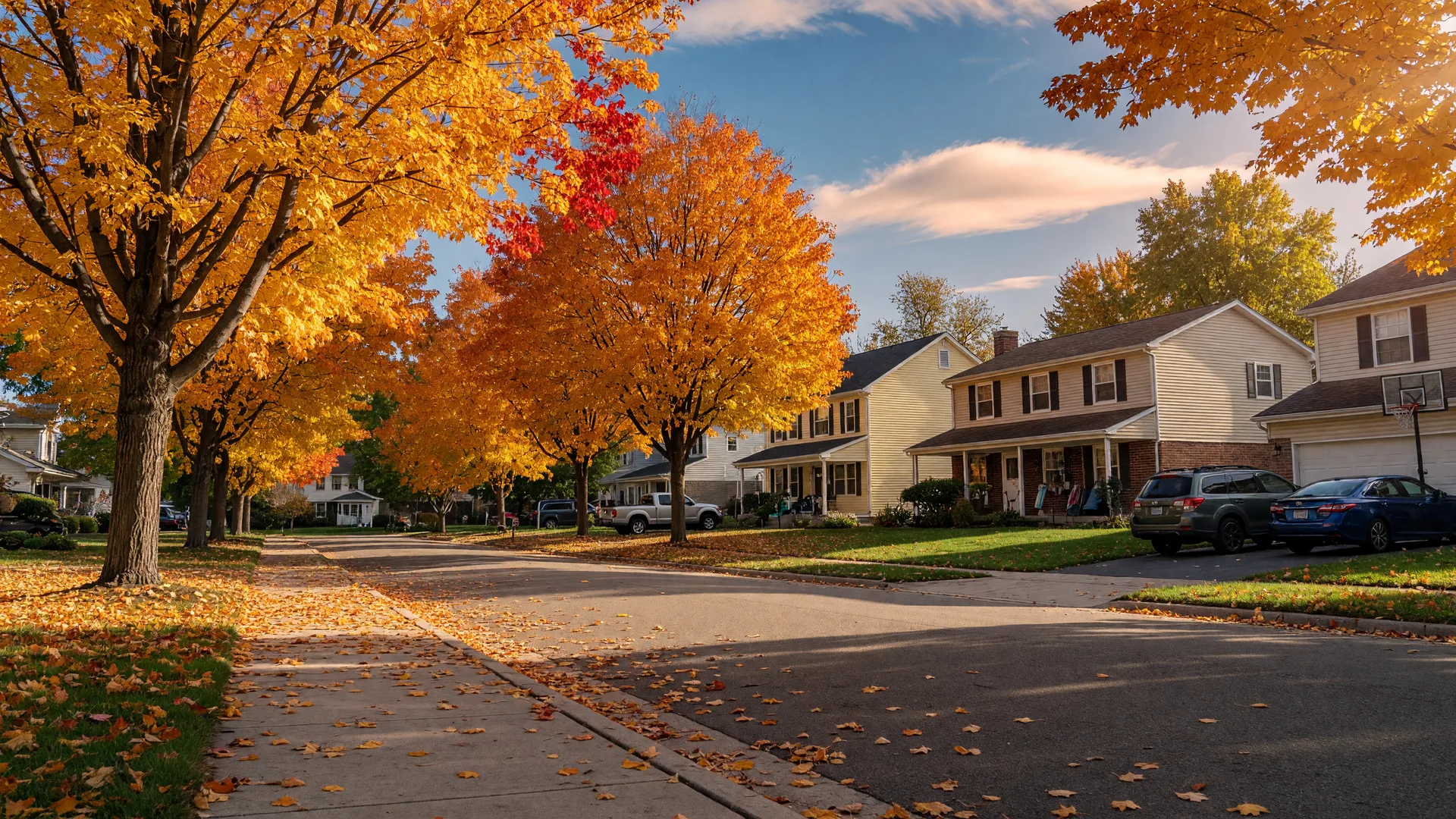 Tidy single-family homes on a tree-lined Grand Blanc area street as sugar maples turn gold and orange in early October