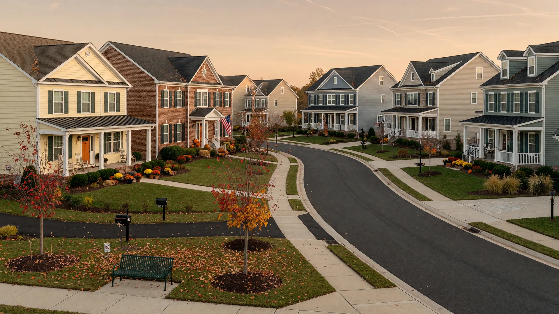 A quiet residential street of colonial and craftsman homes with sidewalks and a small neighborhood park in a Prince William County master-planned community