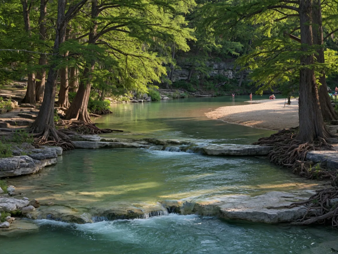 Guadalupe River in the Texas Hill Country with cypress trees and limestone ledges near Spring Branch