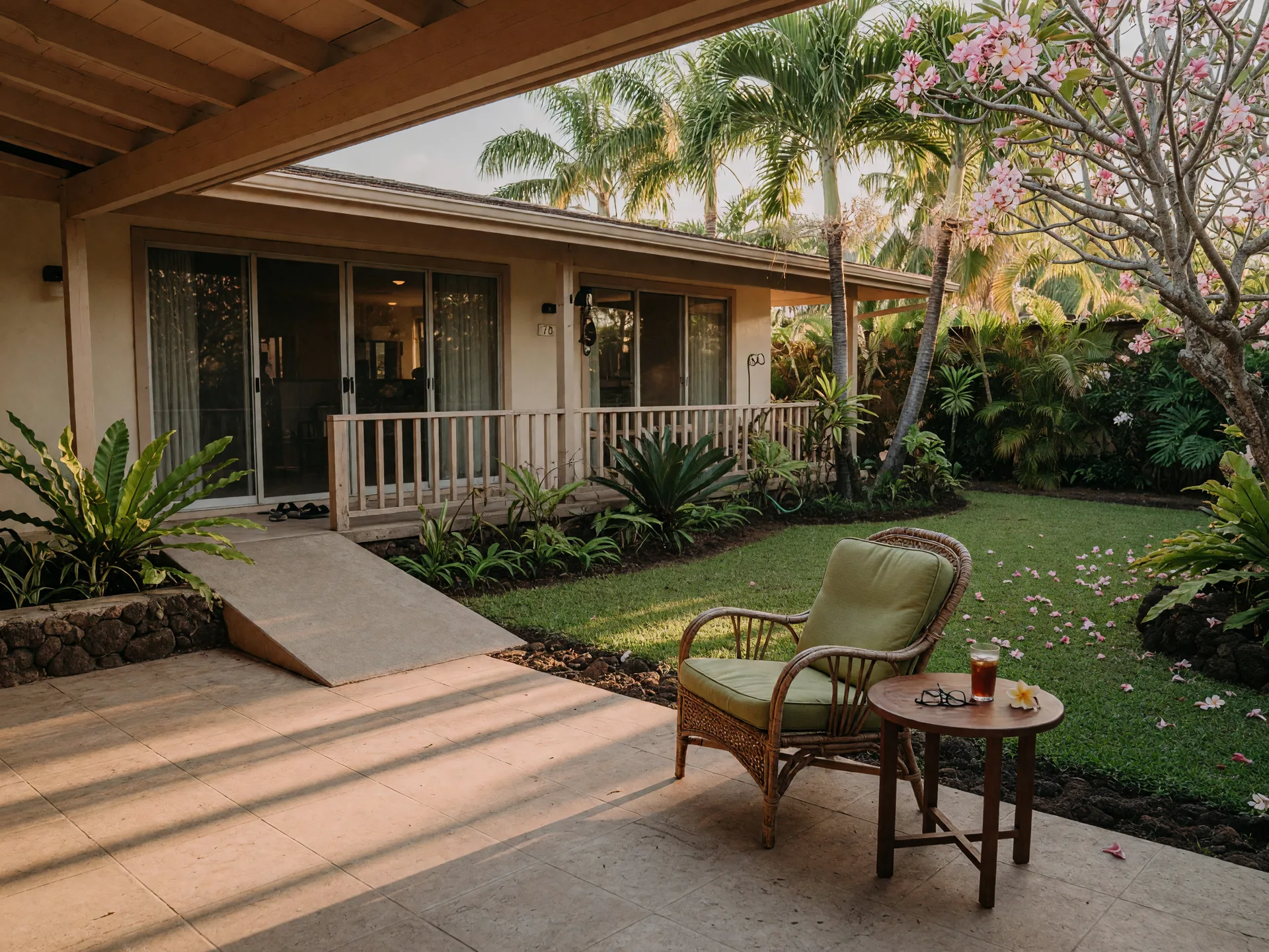 A single-level tropical home with a step-free entry and an open lānai in late-afternoon light