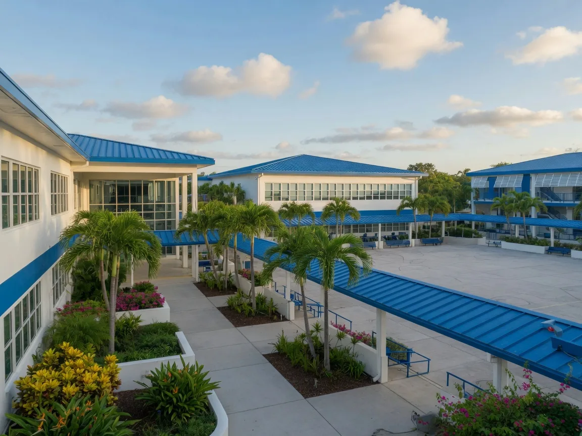 A modern Palm Beach County school campus with palms