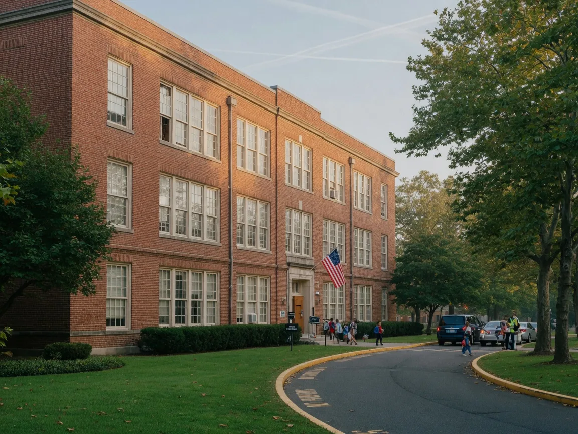 Historic brick public school building in Bloomfield NJ on a late-summer school-day morning with an American flag and landscaped grounds