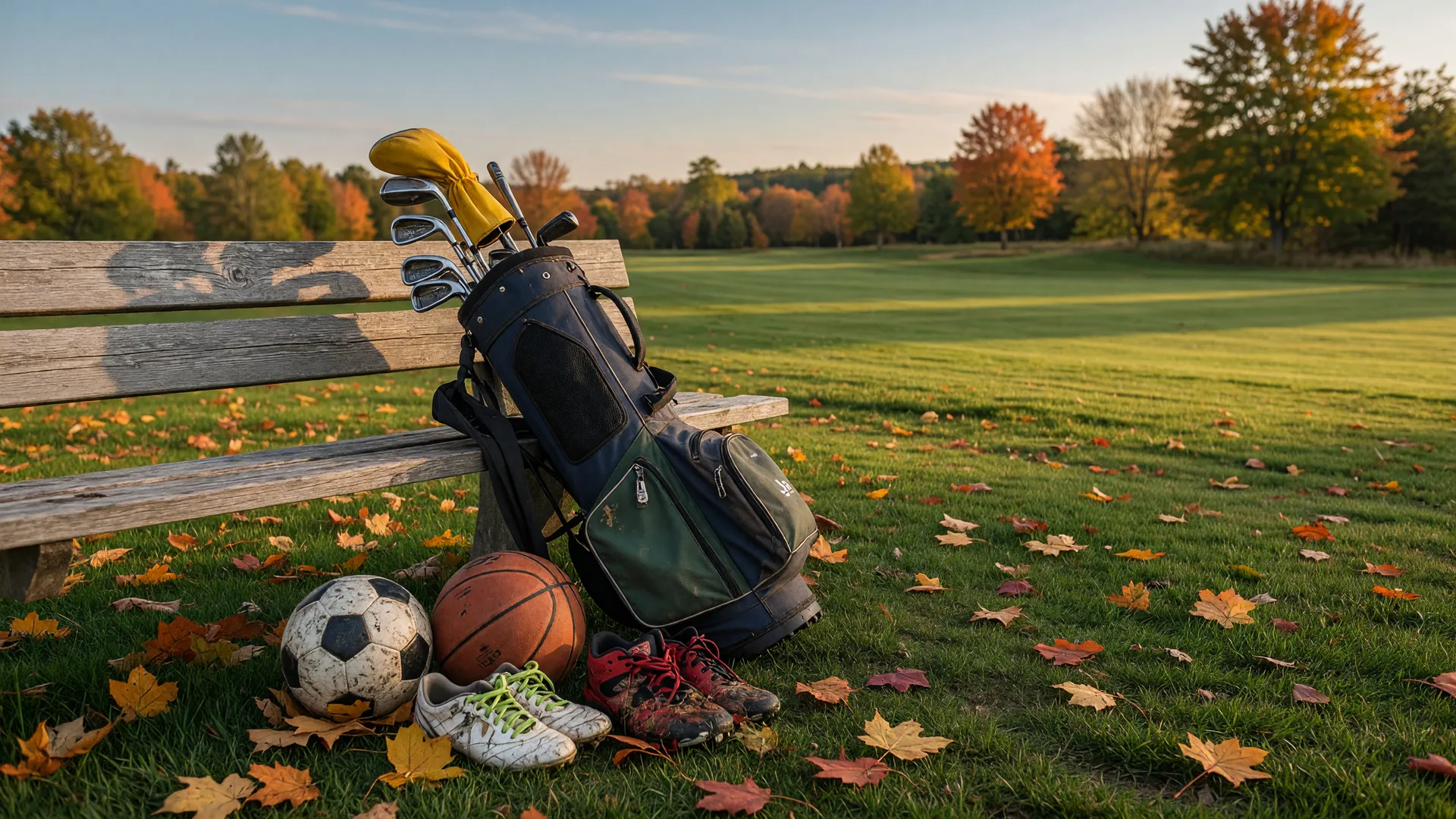 A junior golf bag and clubs beside a soccer ball and basketball on a sunlit New England fairway in early fall