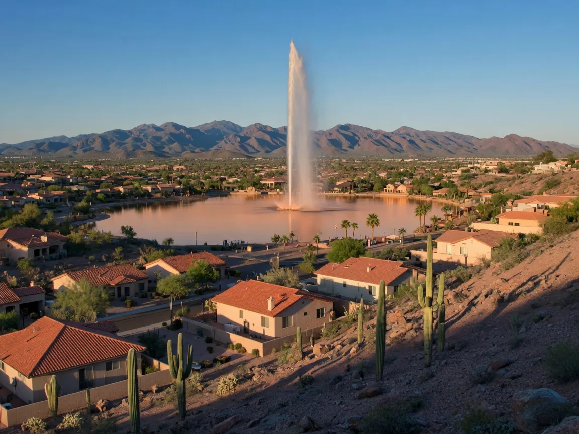 Fountain Hills homes and the lake below the McDowell Mountains