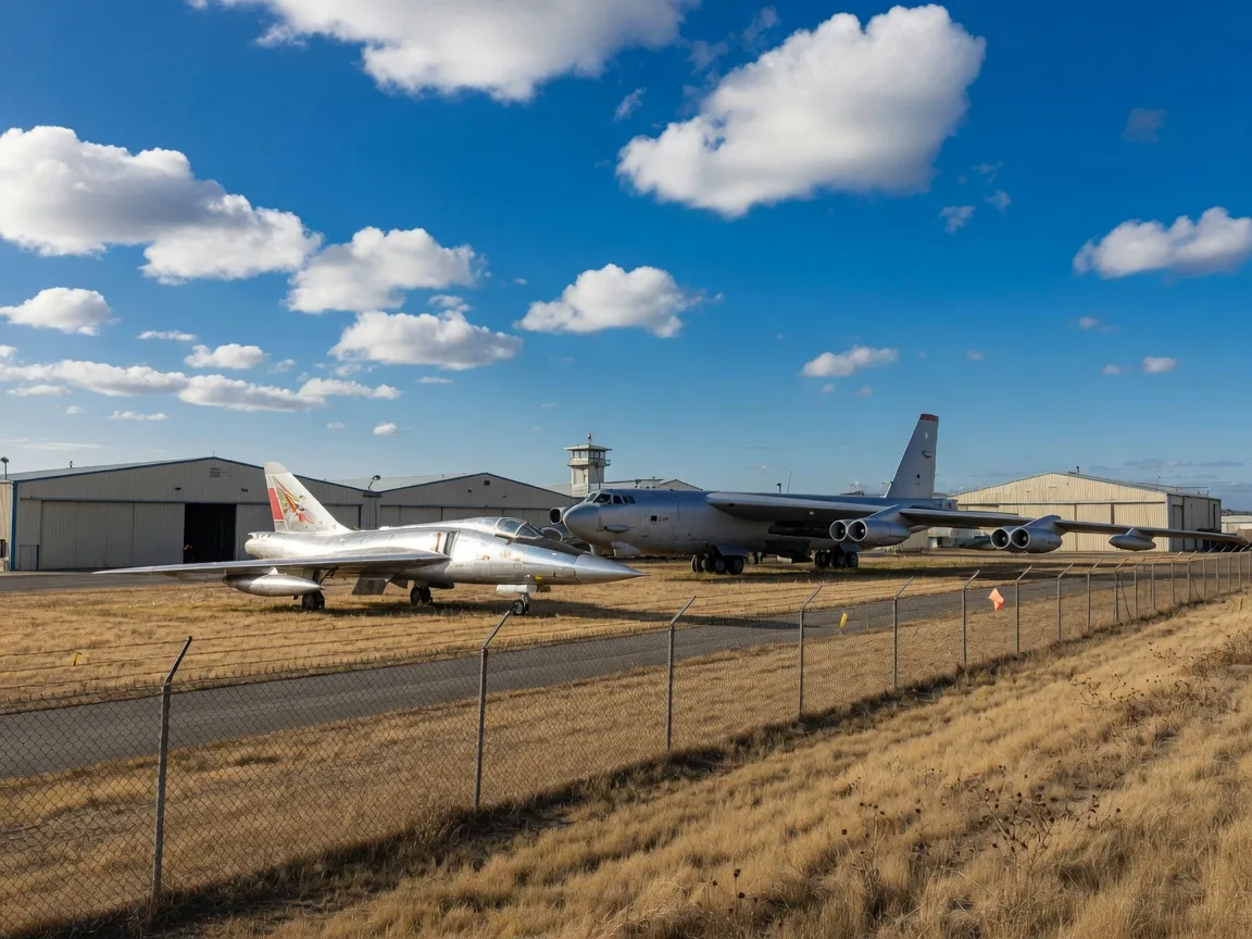 Silver delta-wing interceptor and large strategic bomber on static display at the Castle Air Museum flight line in Atwater, California, under a bright blue sky with puffy clouds, warm morning light on the light-colored fuselages