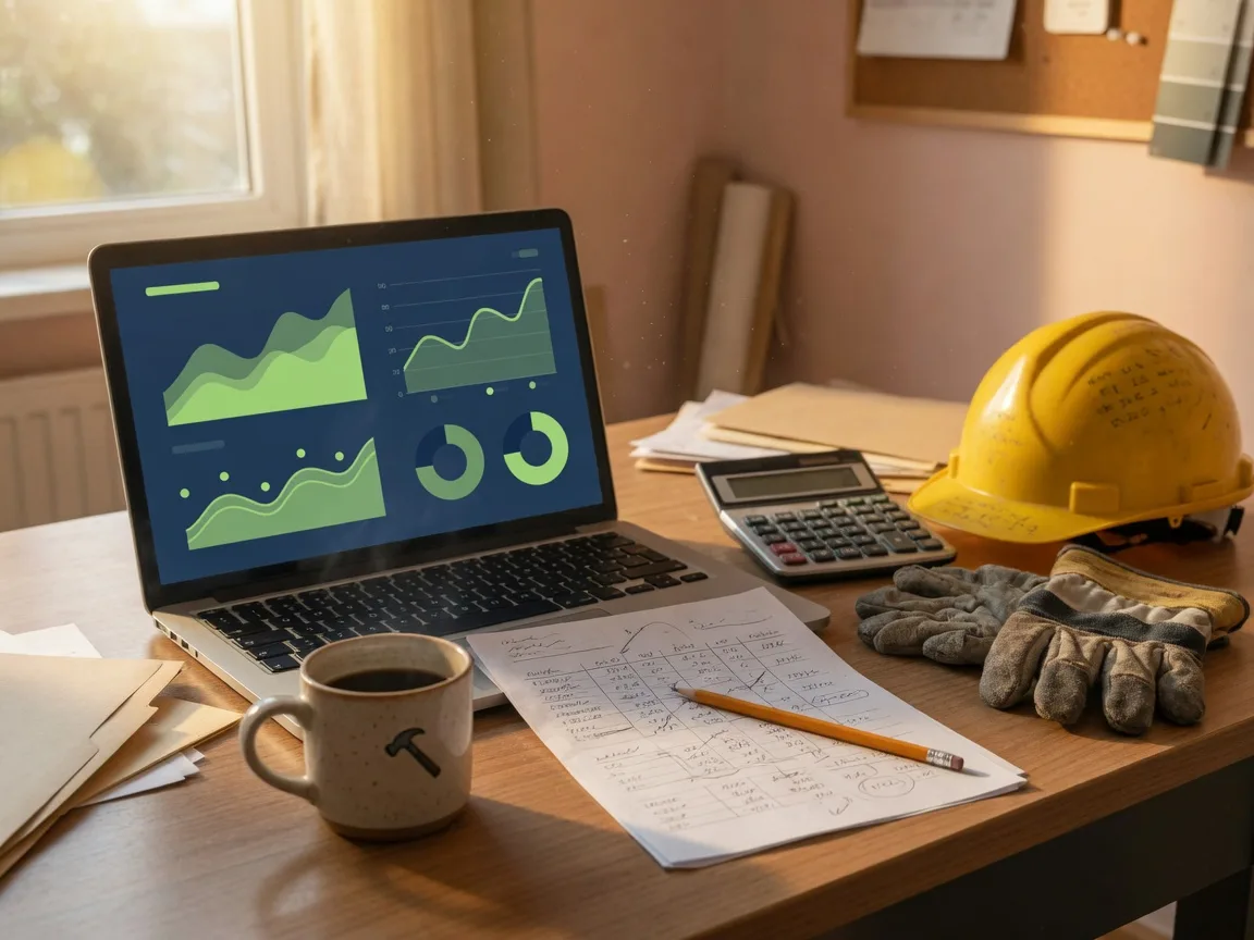 A sunlit home office desk with a laptop showing a navy and lime finance dashboard, a budget worksheet, a calculator, work gloves, a hard hat, and a coffee mug, representing a self-employed contractor consolidating debt with home equity