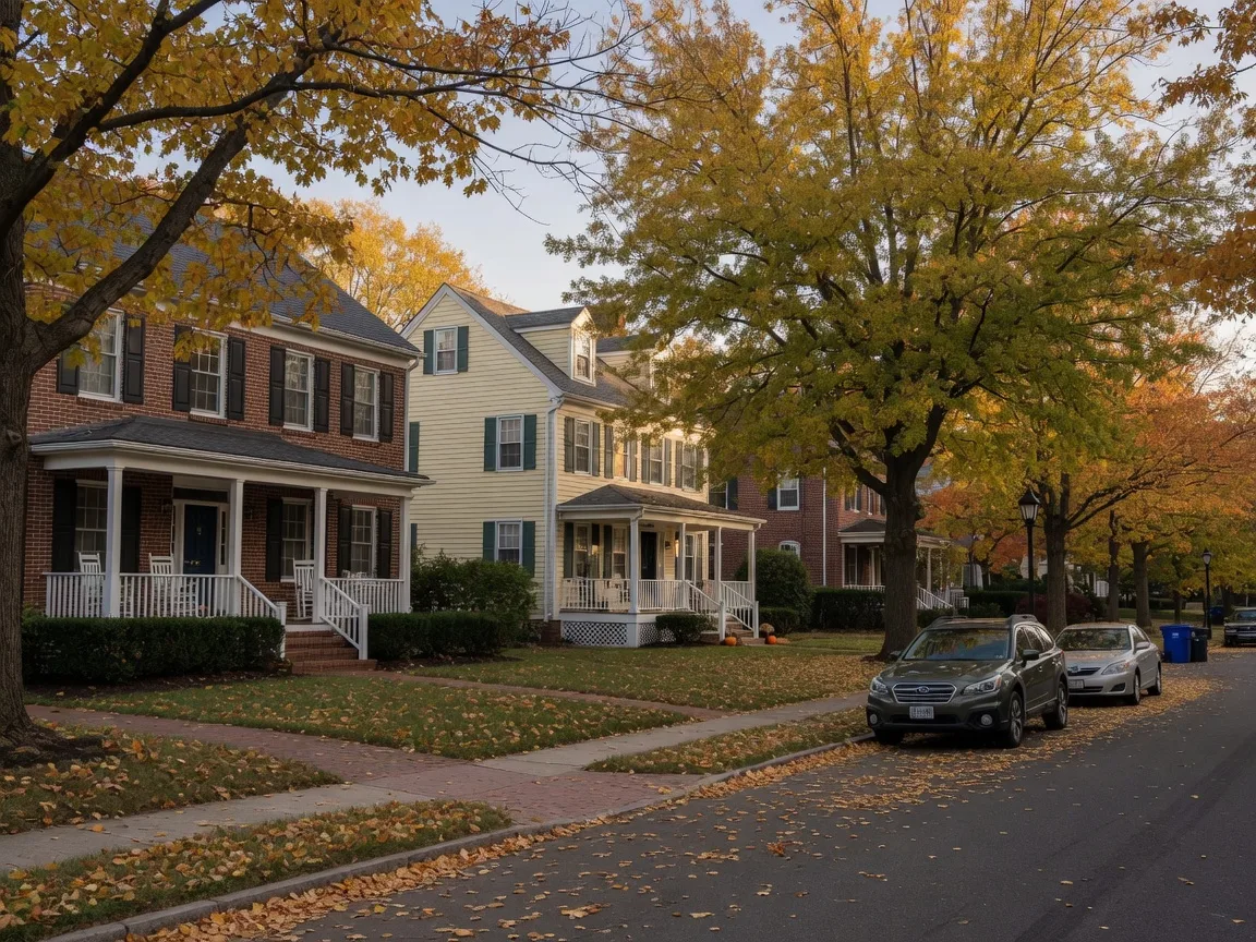 A leafy street of colonial and Cape Cod homes with mature oak trees in a quiet Manassas neighborhood