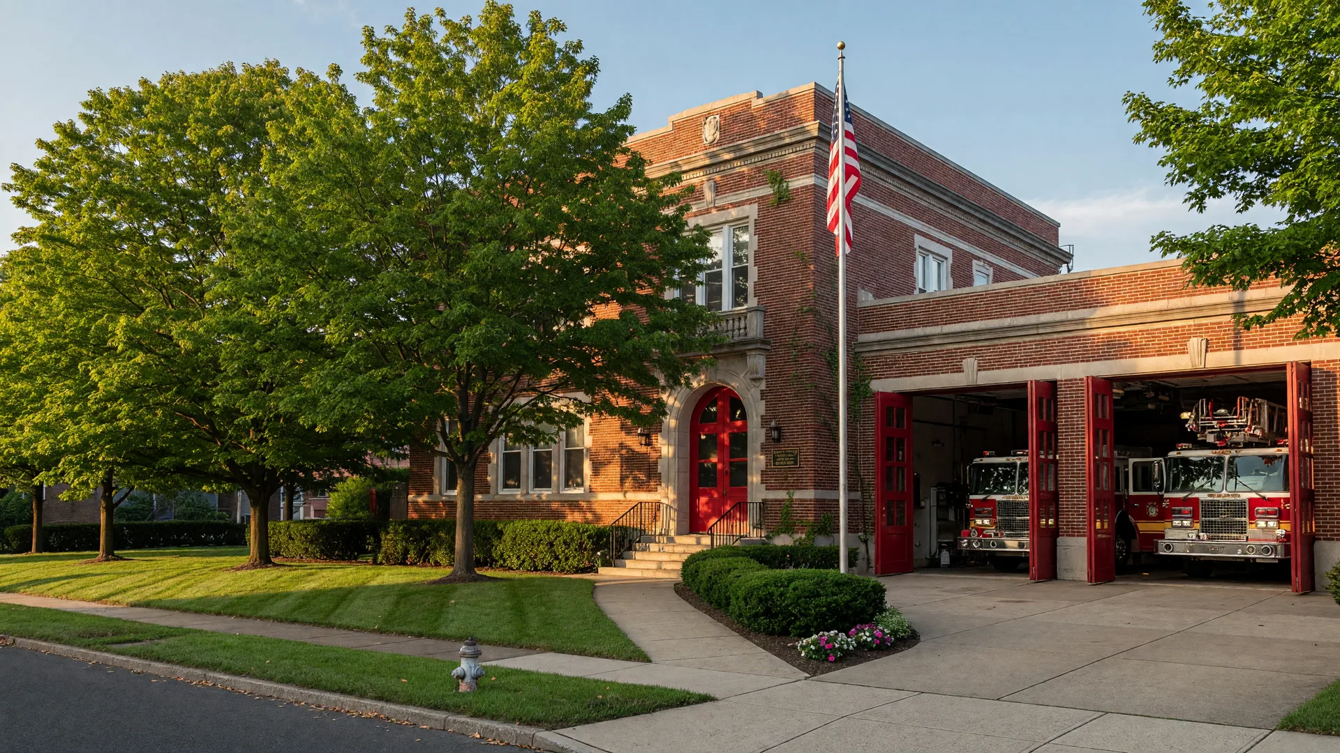 Historic brick Bloomfield NJ fire station with open bay doors, red fire trucks, American flag, and mature shade trees on a warm summer morning
