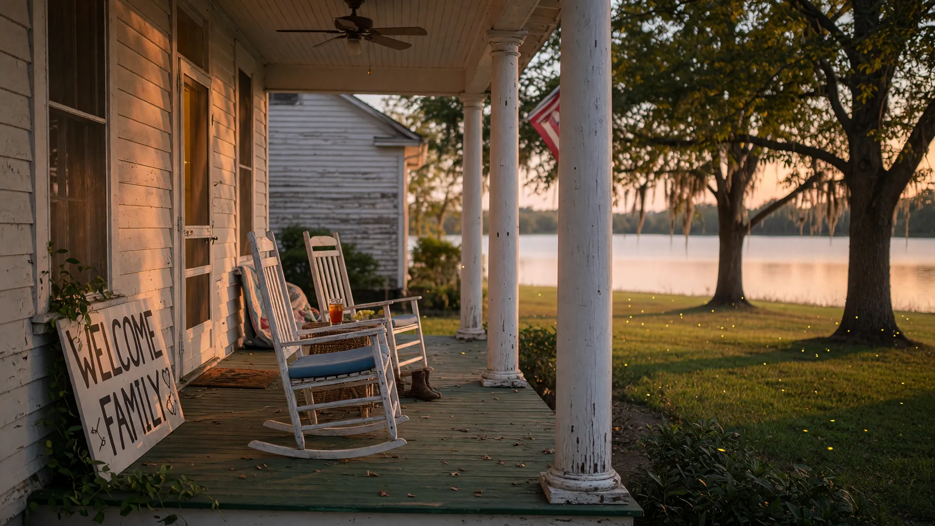 Warm golden-hour view of a historic Southern farmhouse porch with white columns, green painted floor, rocking chairs, and a lake visible through pecan trees