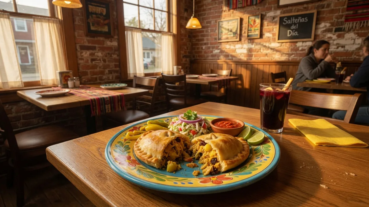 A beautifully plated Bolivian saltena and colorful Latin American dishes at Nelly's restaurant in Centerville Ohio, with warm ambient lighting and exposed brick wall