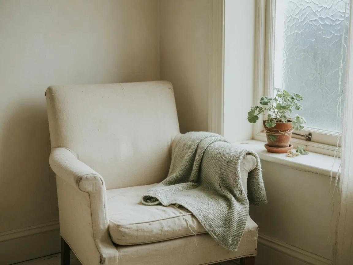 A single worn linen armchair in a quiet corner beside a tall window with a folded knitted blanket and a small potted plant