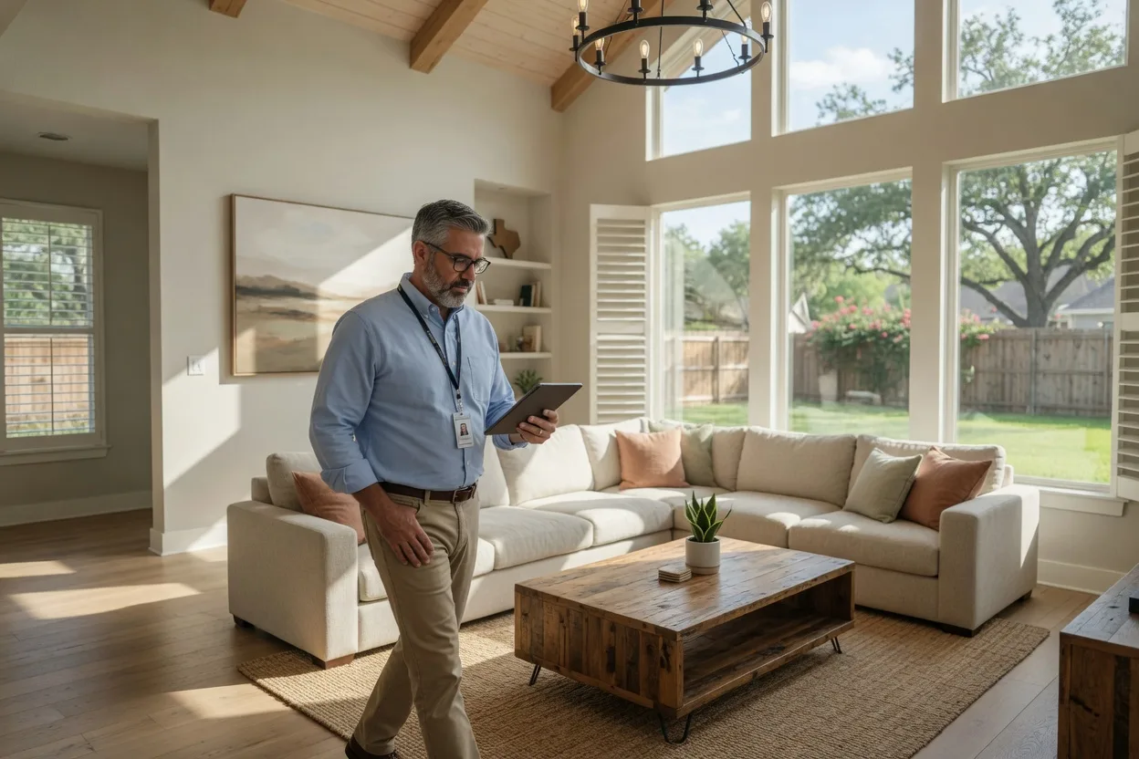 A property manager inspecting the interior of a well-maintained Texas home