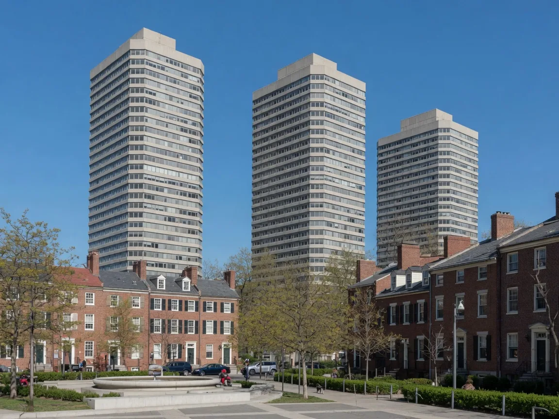 Society Hill Towers designed by I.M. Pei rising above historic townhouses