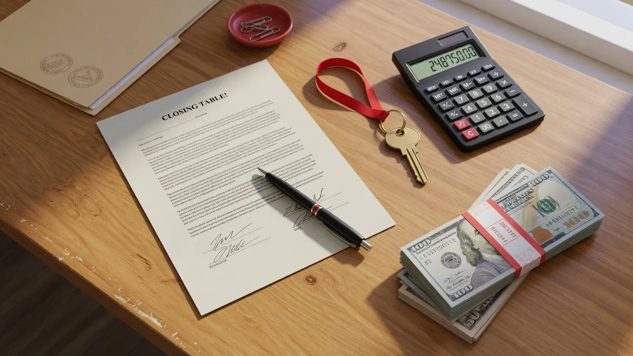 Overhead flat-lay of closing documents, brass house key, pen, calculator, and currency on a warm wooden table