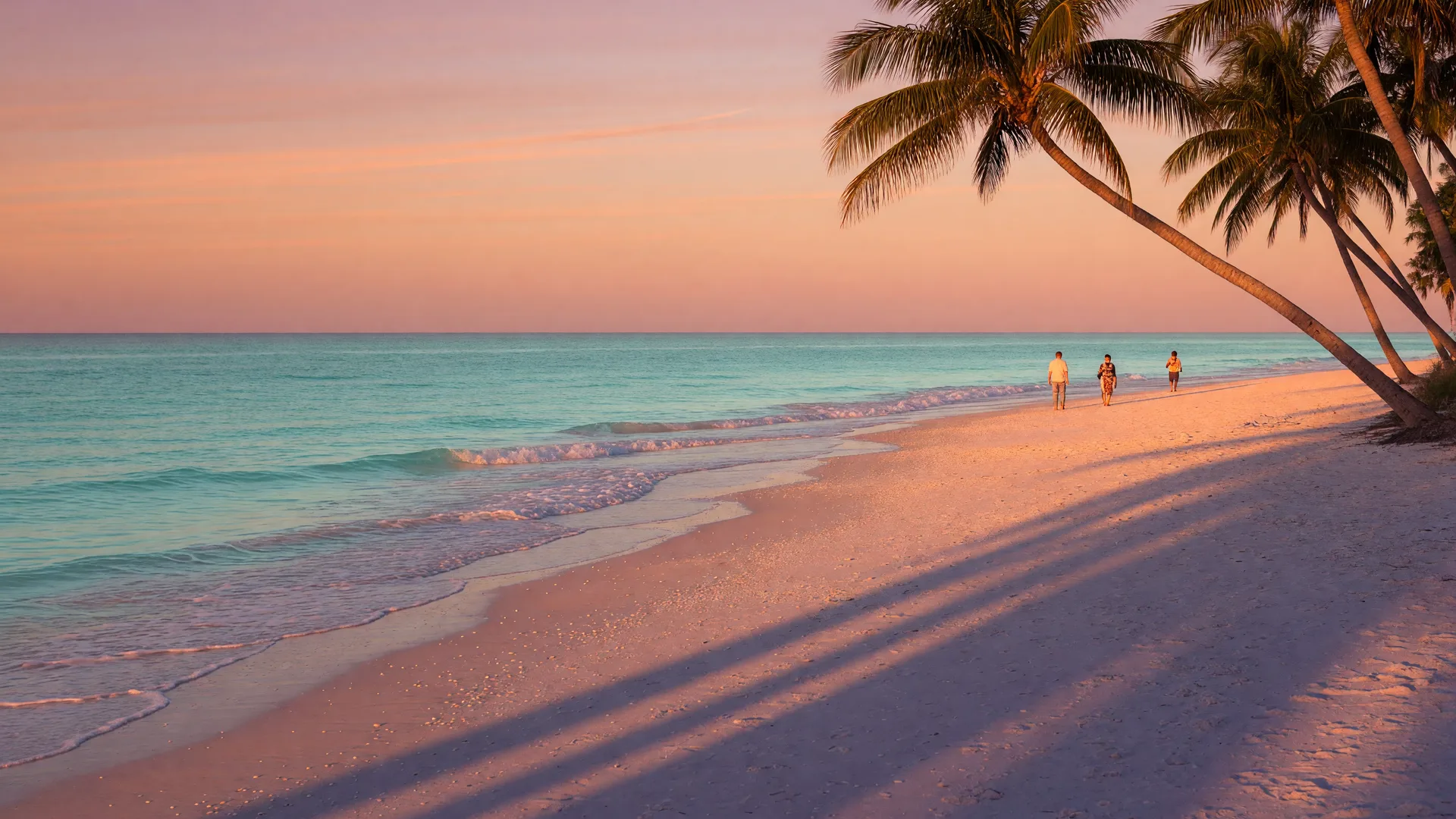 Golden-hour view of a Naples, Florida Gulf beach with soft white sand, gentle turquoise waves, and leaning palm trees