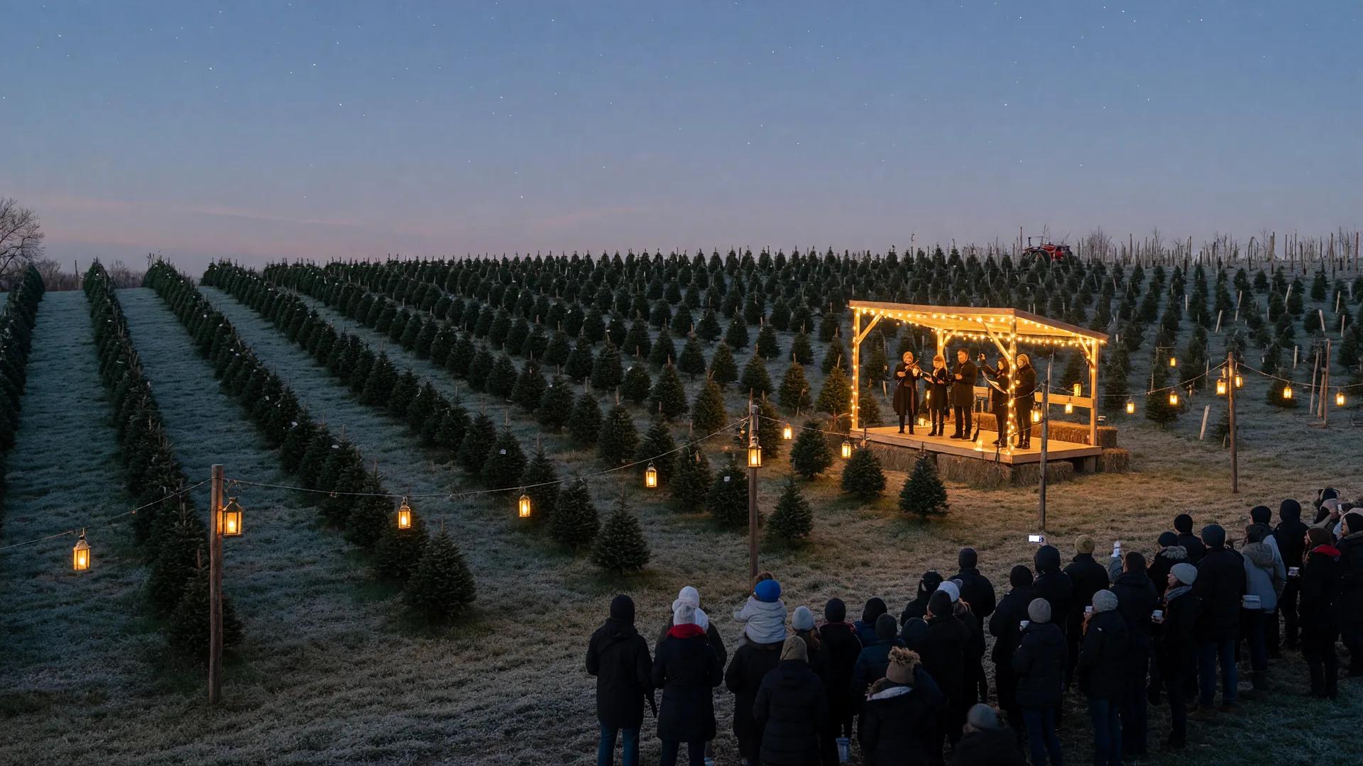 An outdoor Christmas concert on a tree farm at dusk with rows of evergreens, string lights, and a silhouetted crowd in the field
