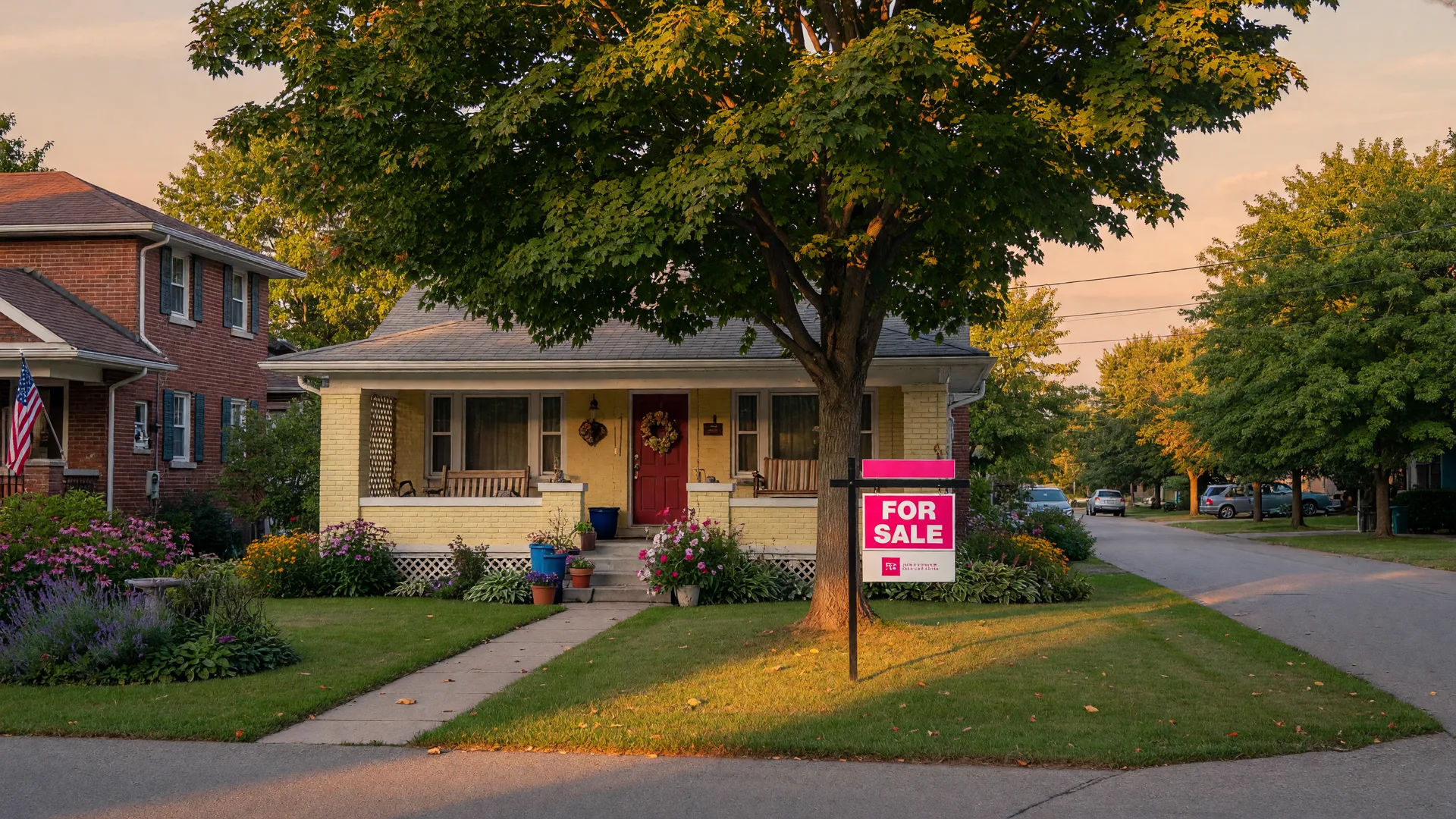 A charming bungalow on a tree-lined street in Newmarket with a pink-accented for-sale sign in the front yard during golden hour