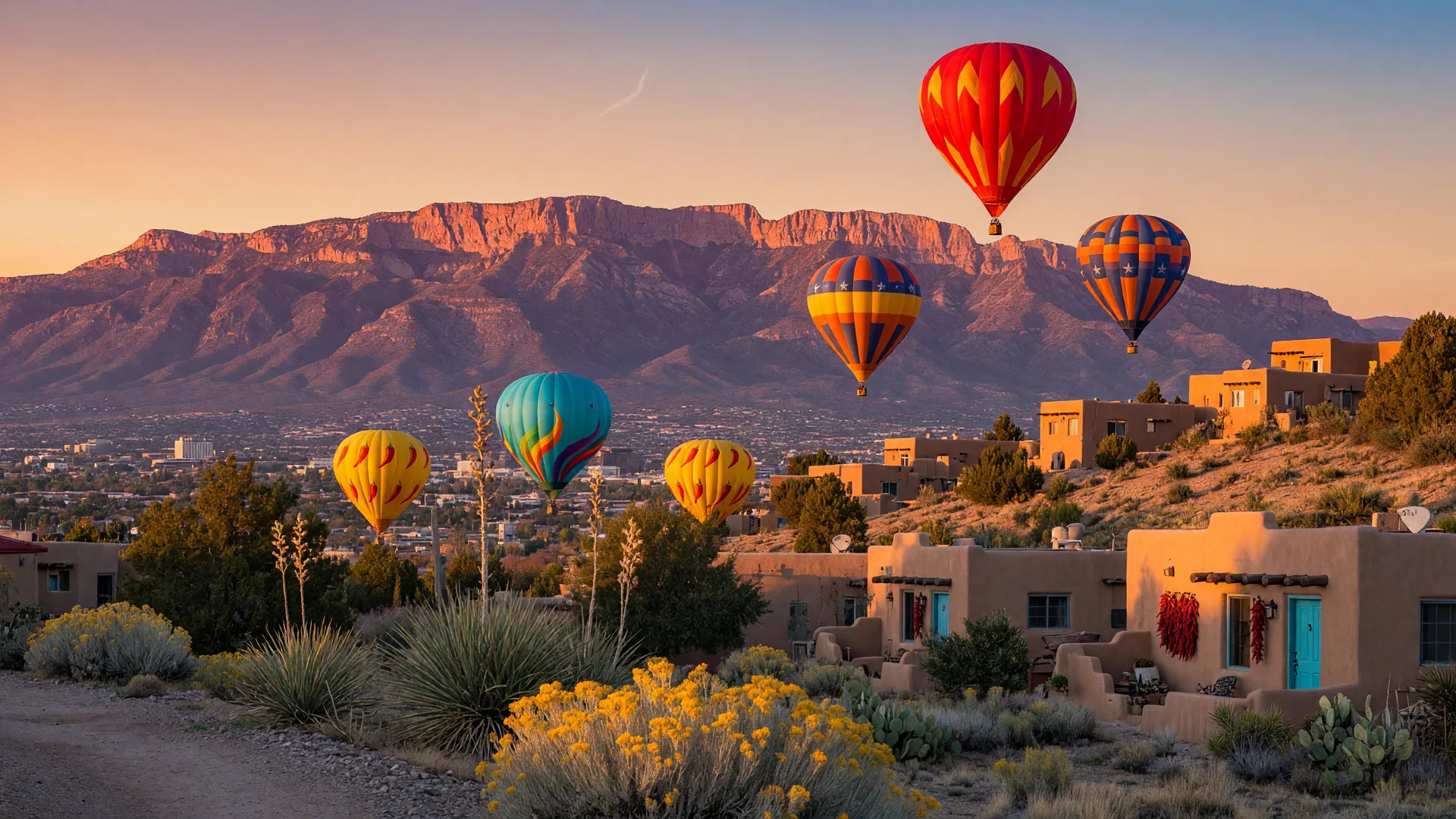 Hot air balloons over Albuquerque with the Sandia Mountains glowing at golden hour