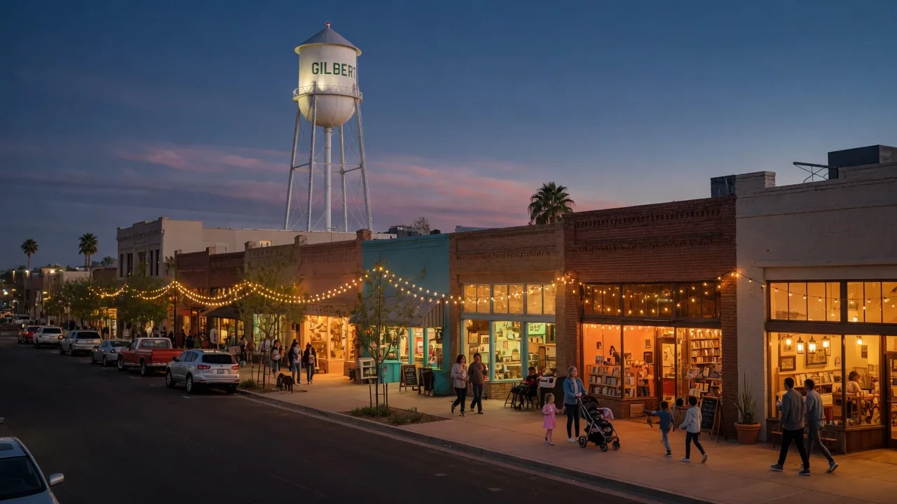 Historic water tower above the Heritage District in downtown Gilbert at dusk with glowing storefronts
