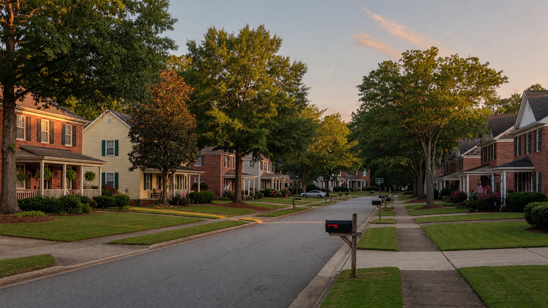 A quiet residential street in North Georgia at golden hour, with classic brick and siding homes and mature shade trees.
