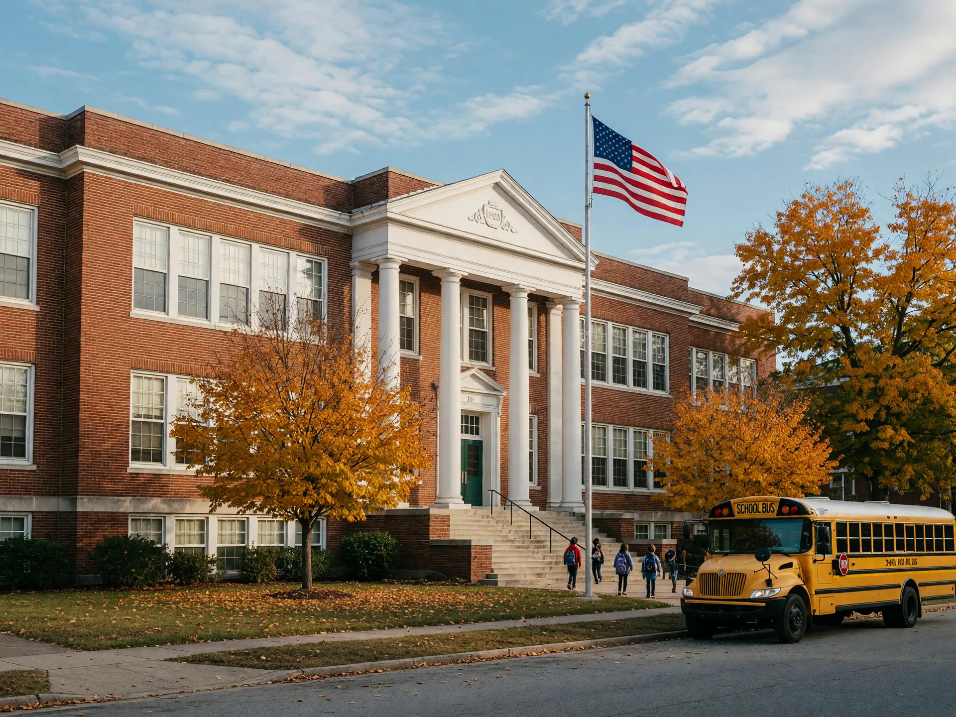 A red-brick elementary school with white columns and an American flag on a crisp fall morning