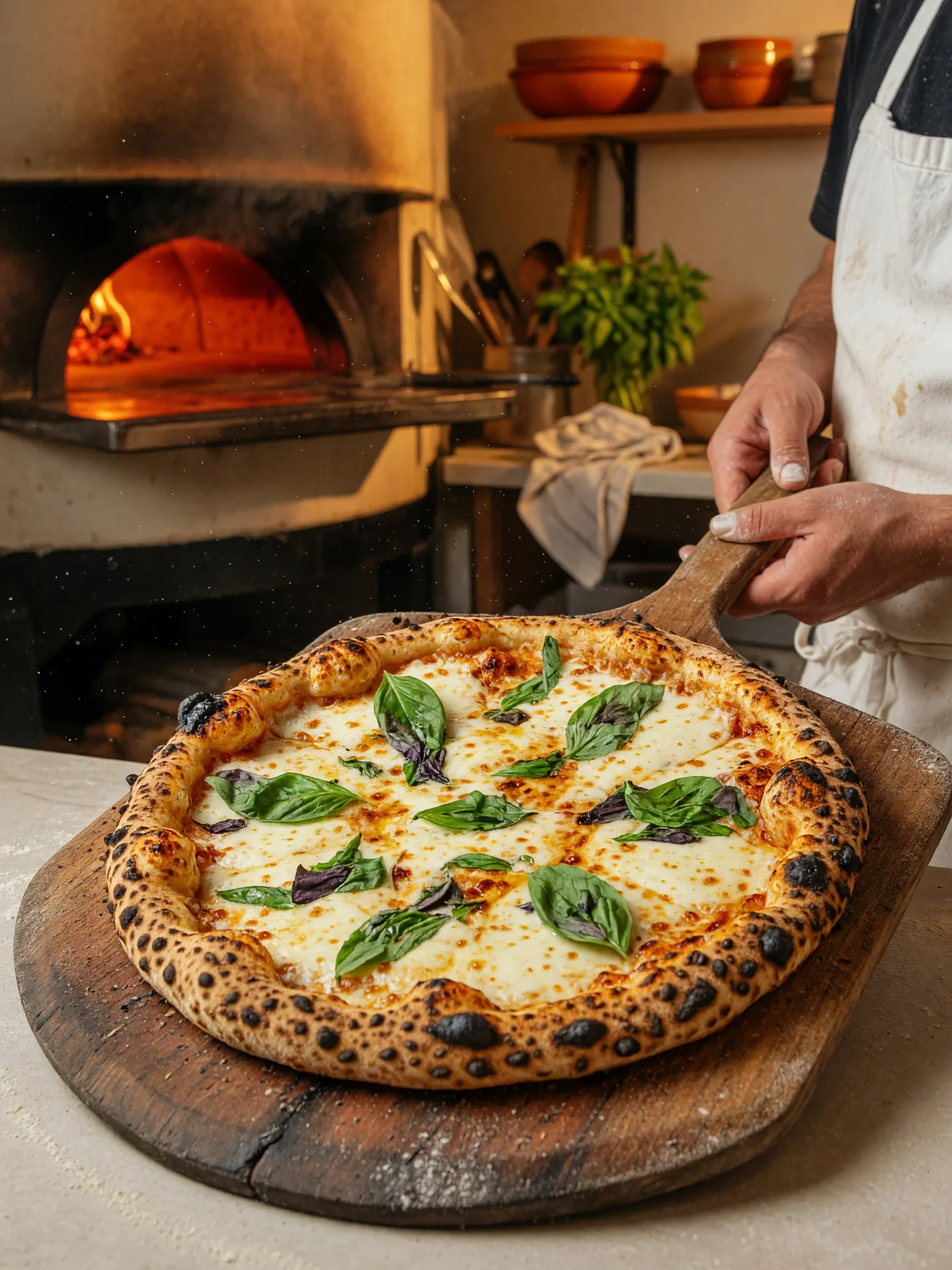 Freshly baked Neapolitan pizza with melted mozzarella and basil