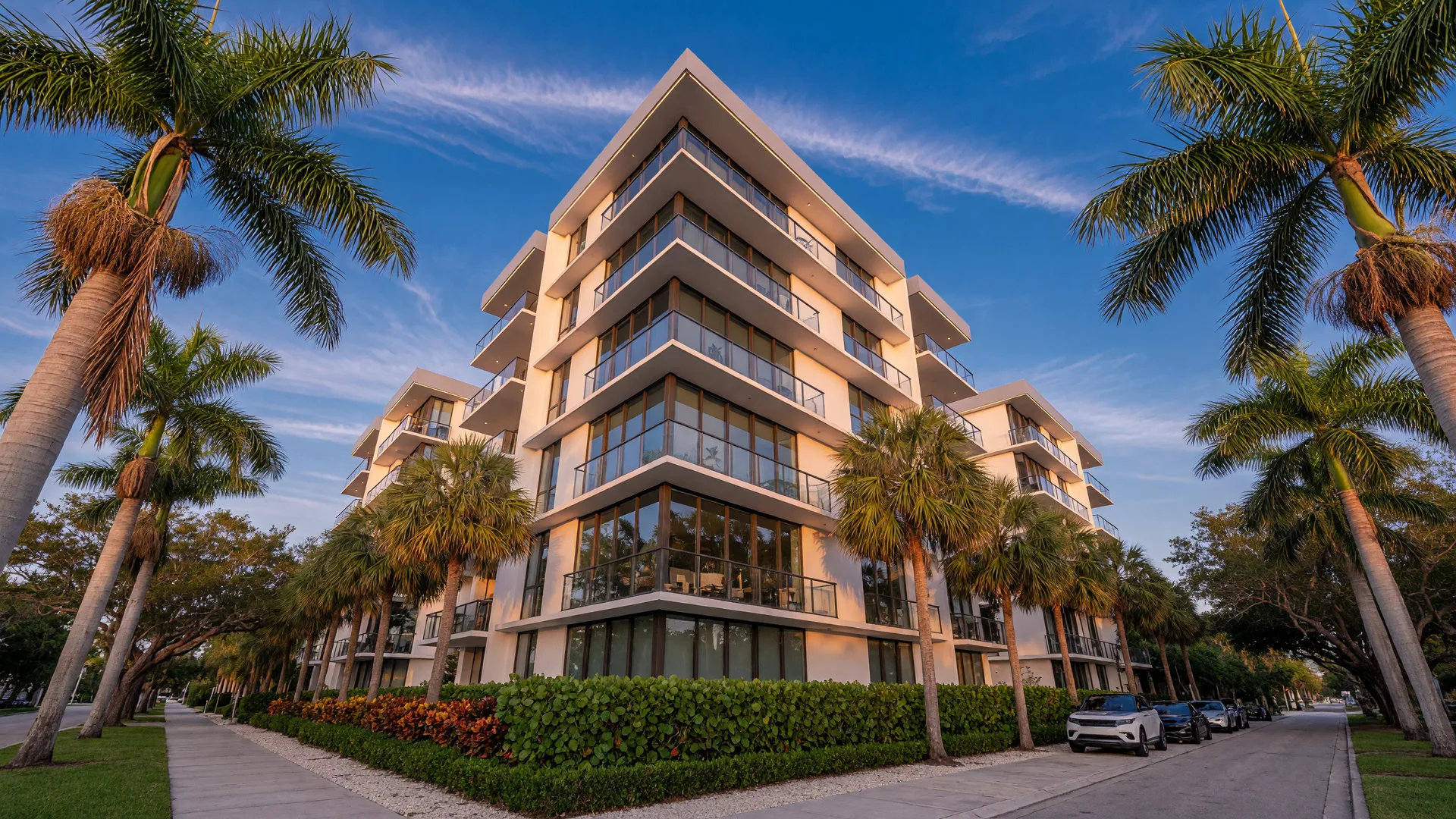 Modern luxury condo building in East Delray Beach with contemporary architecture, floor-to-ceiling windows, and palm trees