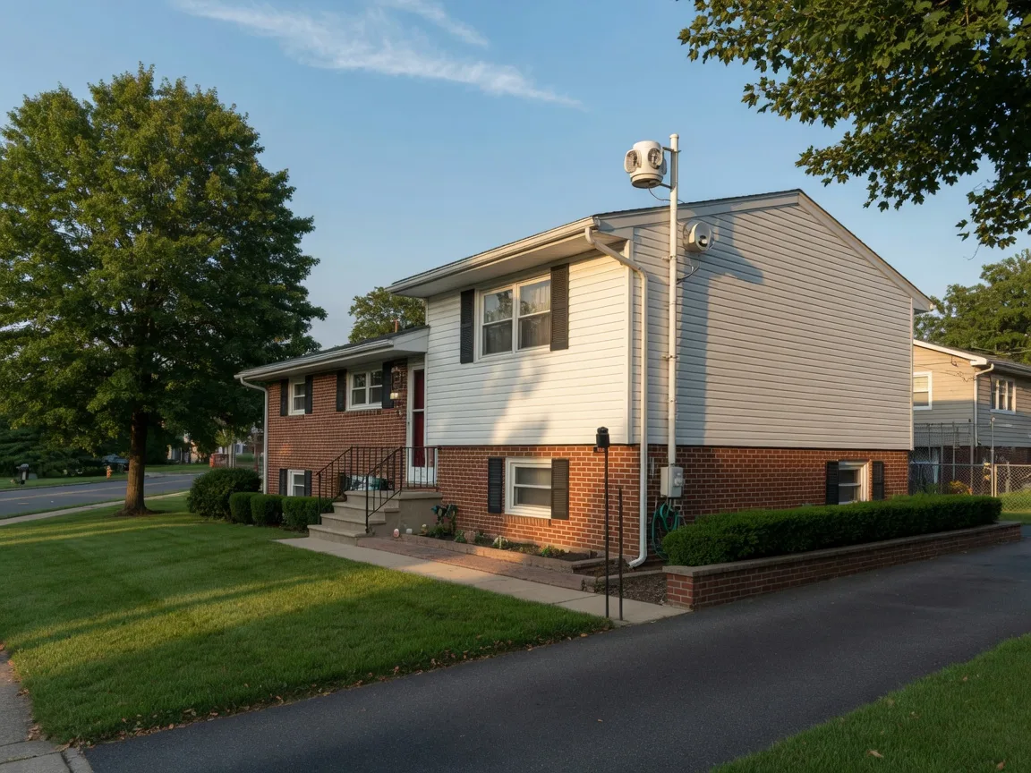 Split-level home with a white radon mitigation vent pipe running up the vinyl siding to the roofline