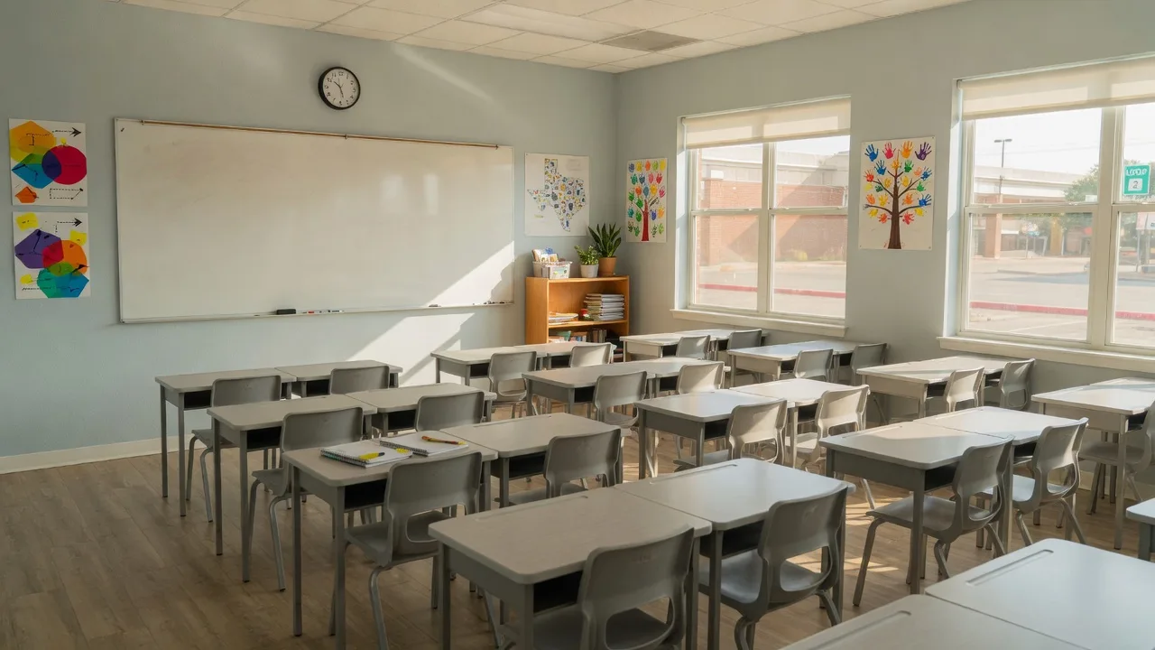 Bright modern tutoring center classroom with rows of desks, a clean whiteboard wall, and warm natural window light