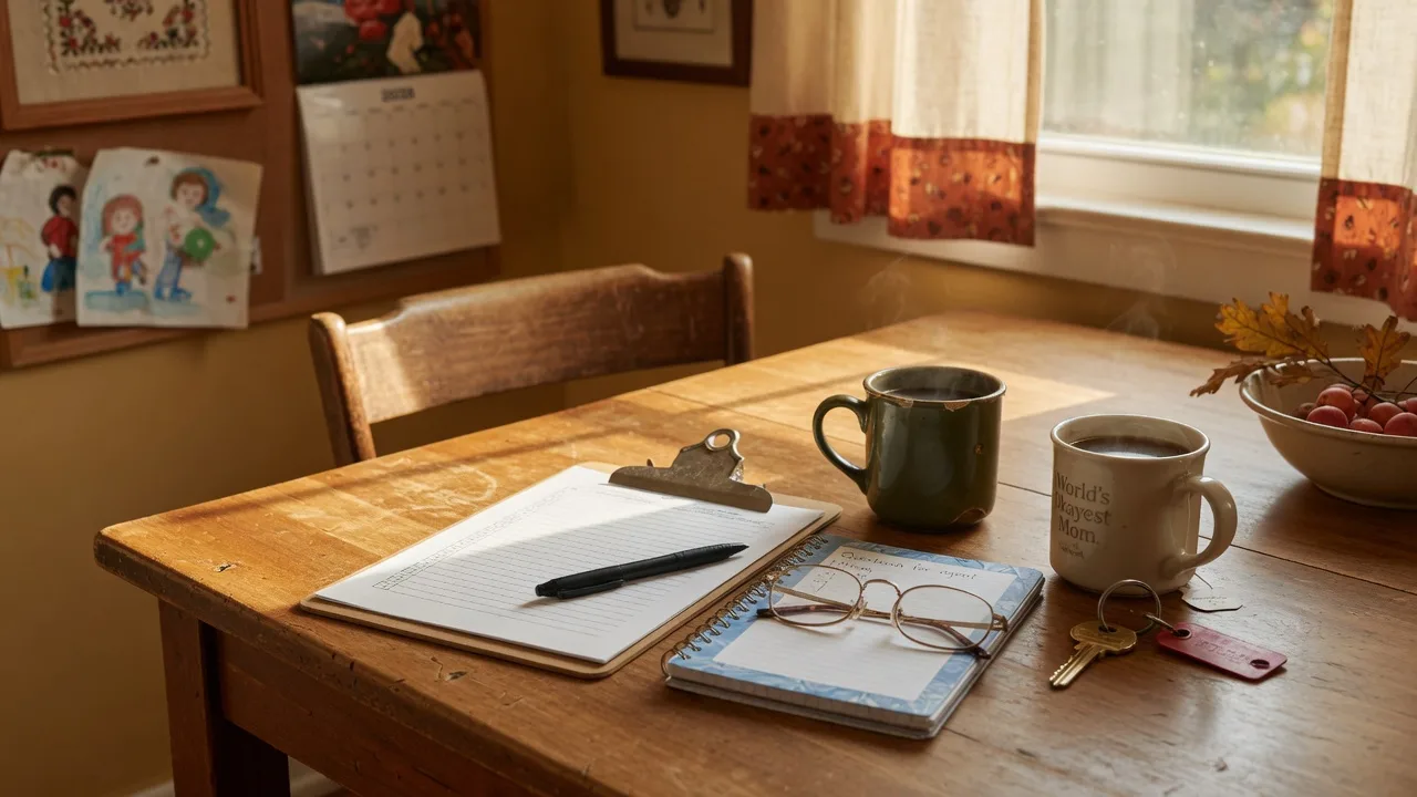 A warm still-life photograph of a clipboard with a blank checklist, two coffee mugs, a brass house key, a notebook, and reading glasses on a sunlit kitchen table