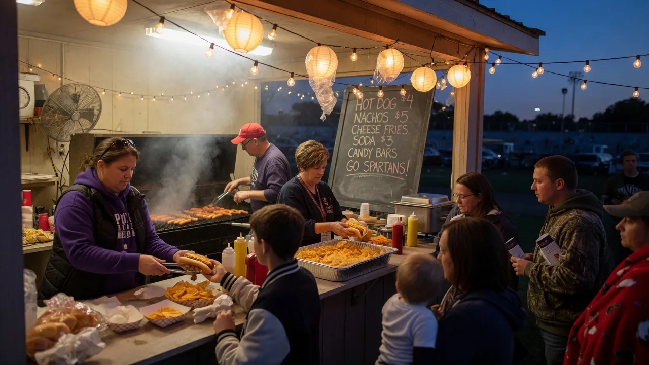 High school athletic booster club parent volunteers working a string-light-lit concession stand and grill at a small-town Ohio football game on a cool September evening