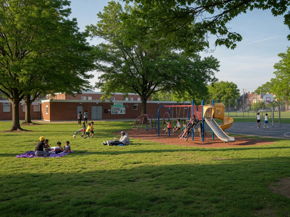 A green neighborhood recreation park in Northwest Philadelphia with a playground, basketball court, and families near West Oak Lane
