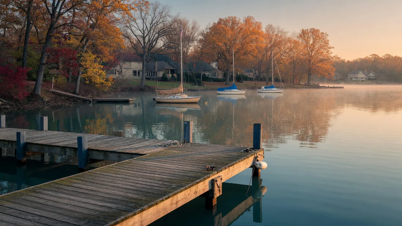 A weathered wooden dock in Lake Norman at golden hour, reflected in calm water among autumn foliage