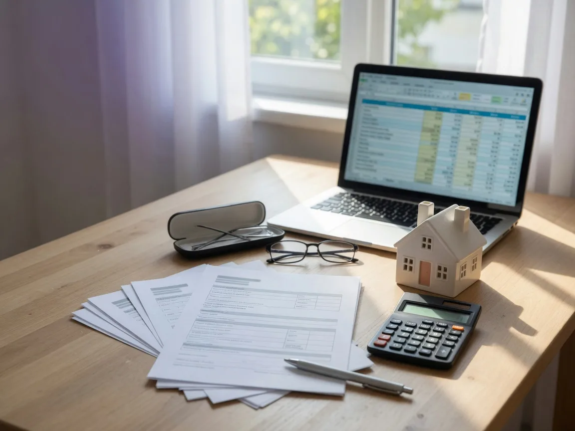 A bright desk scene with blank mortgage paperwork, a laptop, a calculator, and a small ceramic house model